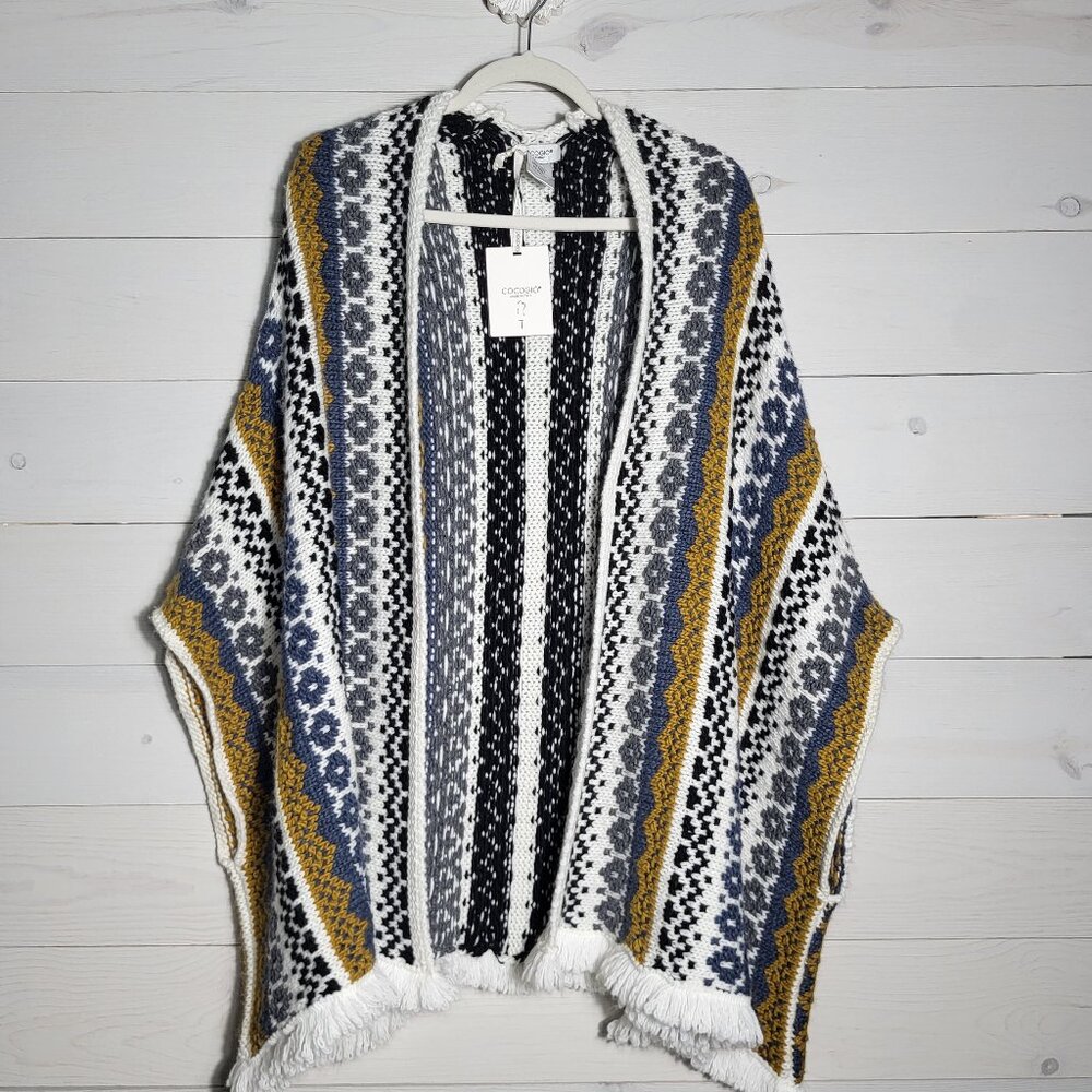 NWT COCOGIO Sweater Poncho Wool Blend Made In Italy Cardigan Fringe OS.